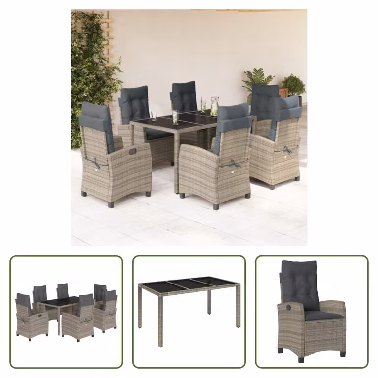 The Living Store Set da pranzo da giardino 7 pezzi con cuscini in poly rattan grigio