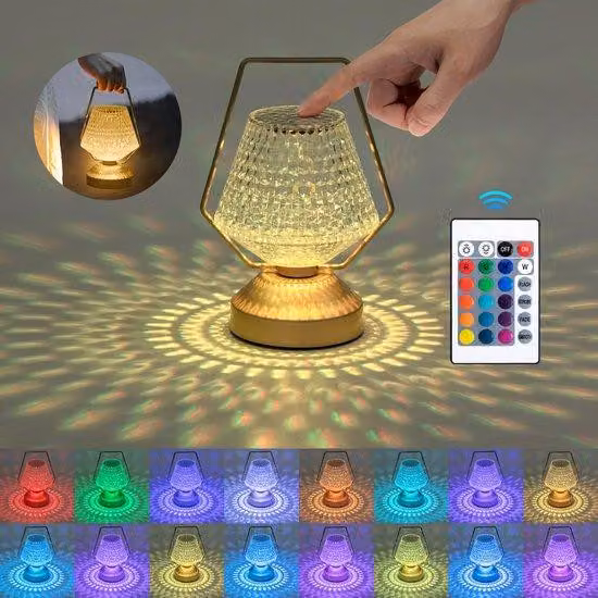 Lampada da tavolo LED Unyqoos® Kristall, con superficie lavorata a taglio di diamante – 16 colori, controllo touch e tramite telecomando, 4 modalità di illuminazione, USB-C 1800 mAh, portatile con gancio