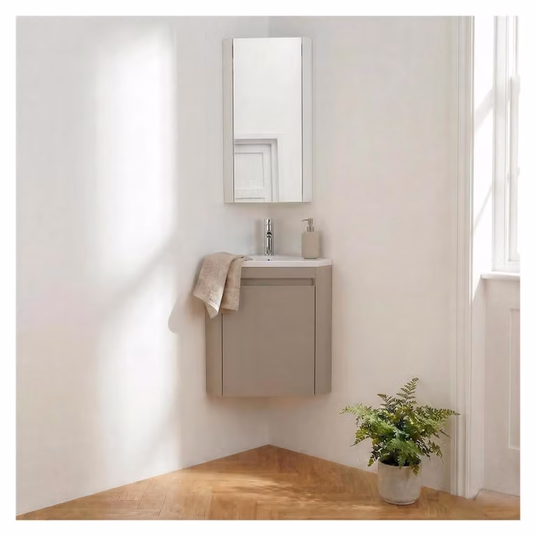 Set lavamani d'angolo sospeso, lavabo, rubinetto e pensile LISA