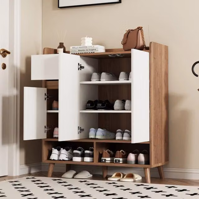 Scarpiera moderna con ante a battente e scomparti aperti in MDF bianco e beige, L: 90 cm, P: 35 cm, H: 99 cm