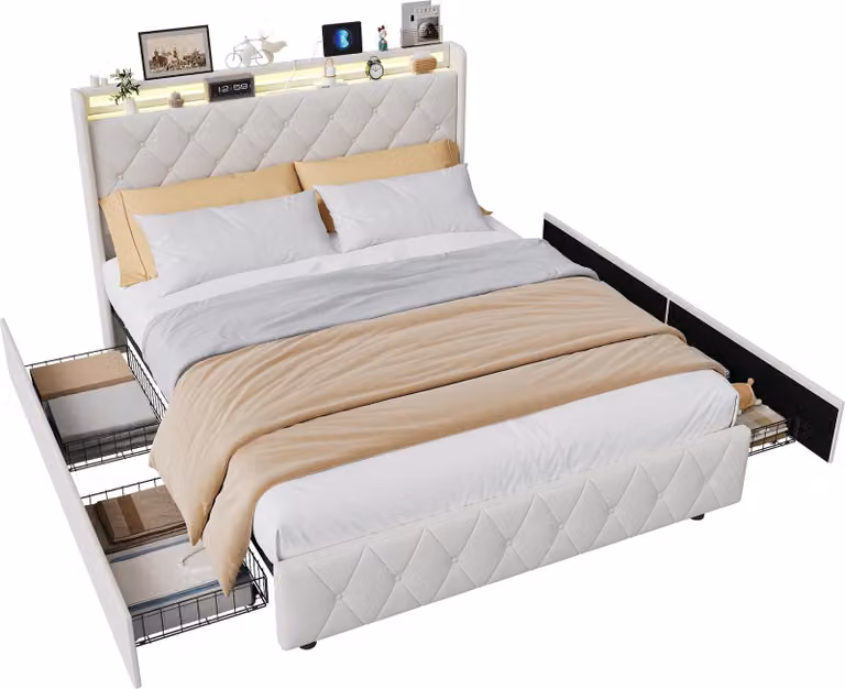 Letto Moonbite con contenitore, dimensioni 160x200 cm, rivestito in flanella beige, dotato di 4 cassetti, porte USB e di tipo C, illuminazione LED e comodini integrati