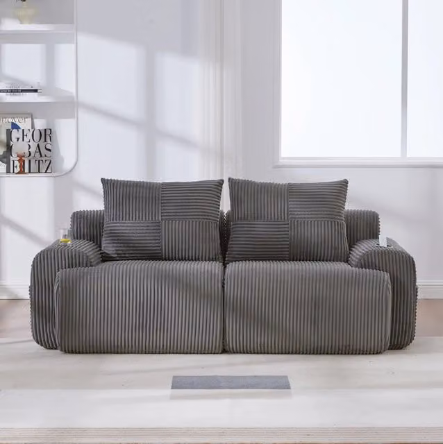 Divano modulare a 2 posti in corduroy grigio scuro; 200x99x80 cm con portabicchiere e tasca laterale