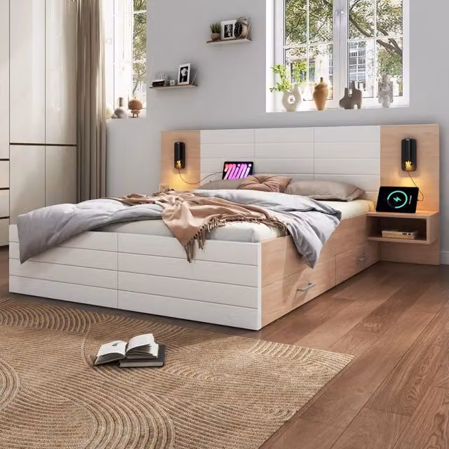 letto matrimoniale legno massello e mdf bianco e rovere 207 x 255 cm