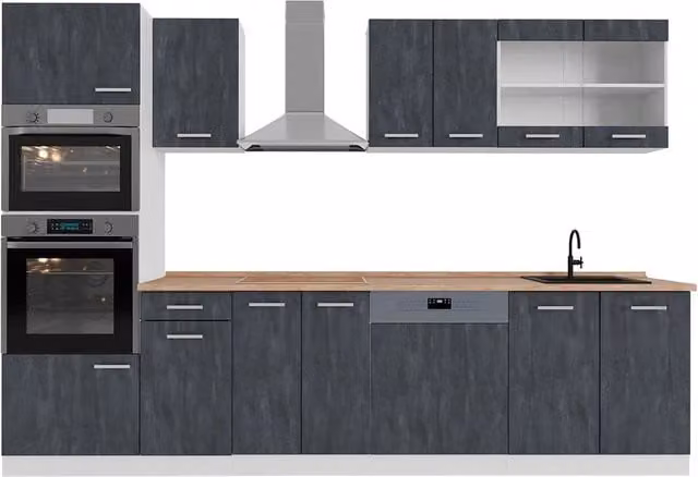 Cucina componibile moderna R-Line Vicco, colore Calce nera e Bianco con finitura Rovere, L: 300 cm