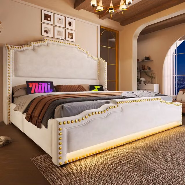 Letto 140x200 cm con 4 cassetti; LED e porte USB Type-C in velluto beige