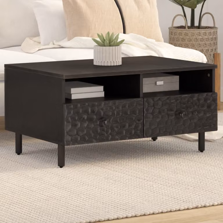 vidaXL Tavolino da Salotto Moderno Nero in Legno di Mango e Metallo L: 80 cm, P: 54 cm, H: 40 cm