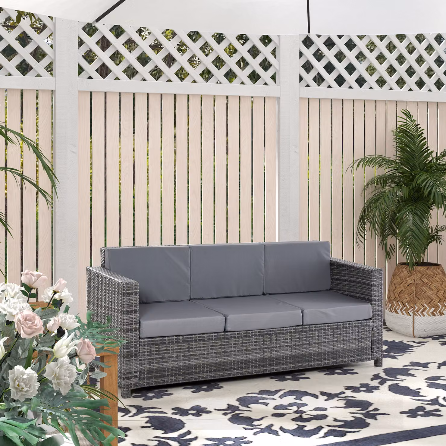 Divano da esterno Outsunny a 3 posti in rattan PE e metallo con cuscini, L: 185 cm, P: 70 cm, H: 80 cm, Grigio – 2