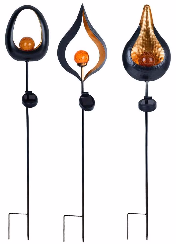 3x lampade solari a LED, nero, oro, effetto fuoco, H 93 cm