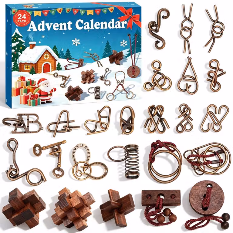 Calendario dell'Avvento 2026, 24 giorni, anelli in metallo, puzzle in legno, gioco da tavolo per famiglie
