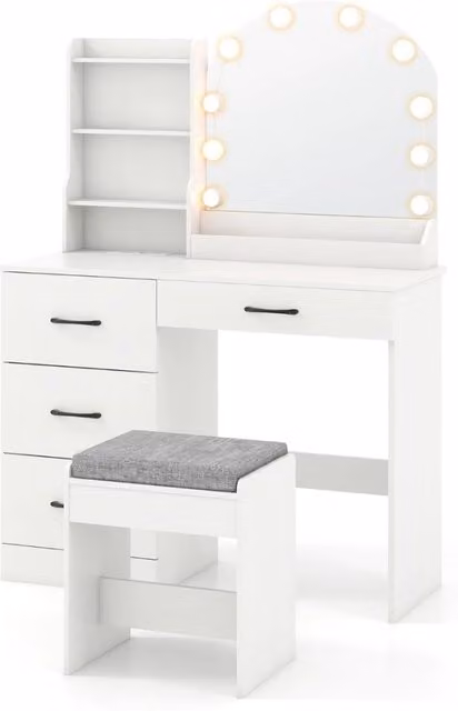 Scrivania da trucco con specchio e luci, Set tavolo da trucco e sgabello con stazione di ricarica Bianco-Tavoli da trucco