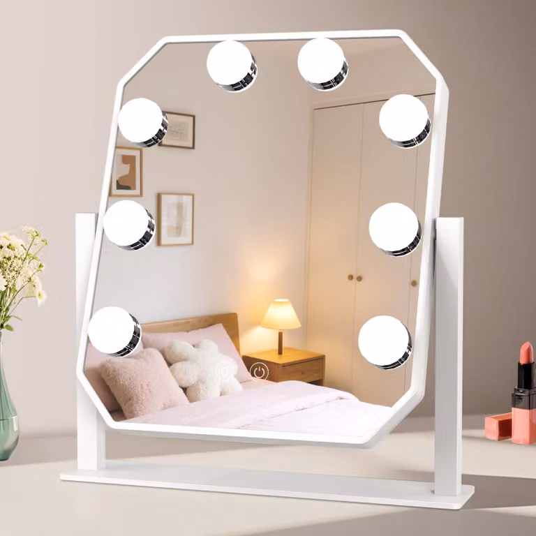 Specchio da trucco con illuminazione a LED, dimmerabile, dimensioni 30x25 cm, colore bianco, temperatura di colore 3000/6000 K
