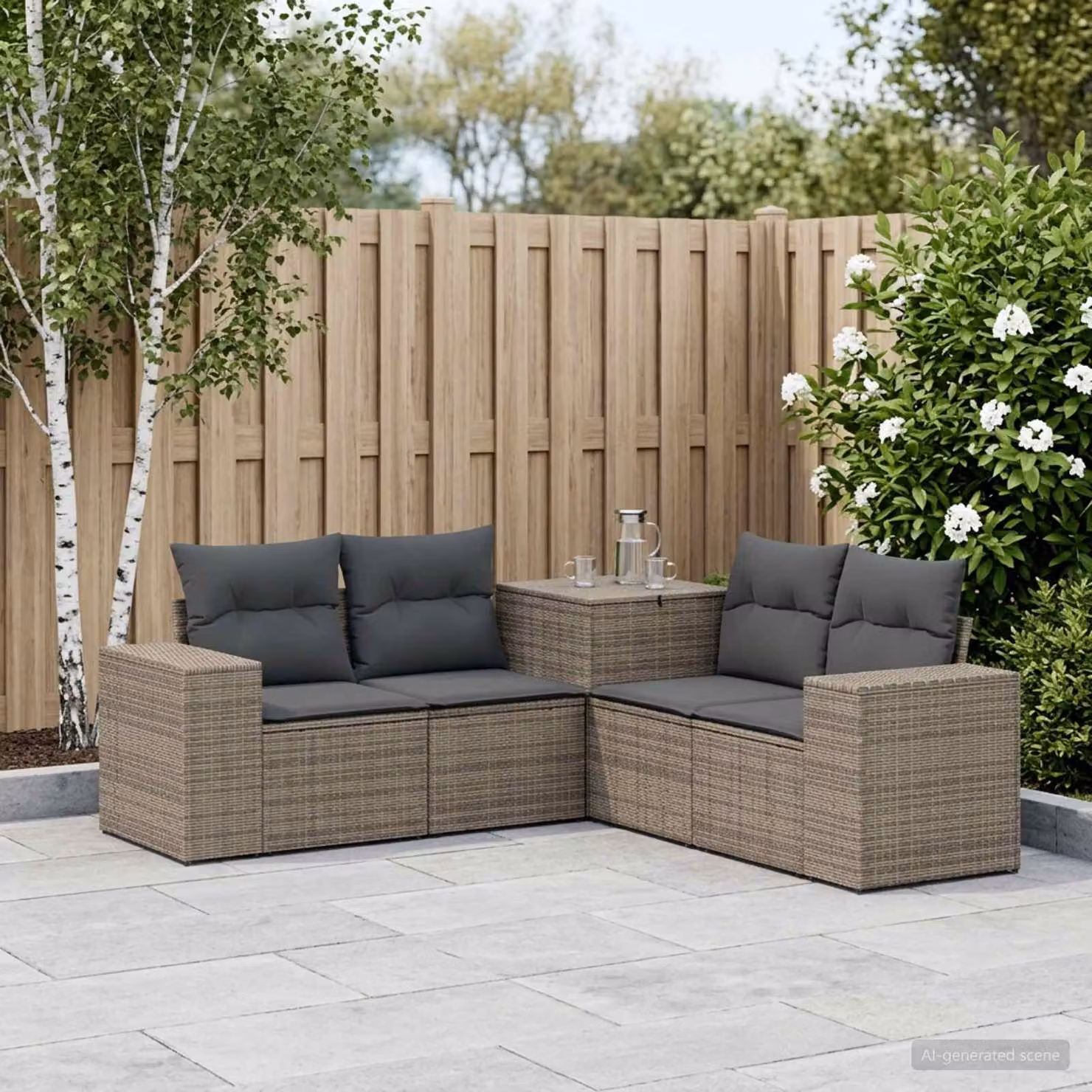Set di divani da giardino vidaXL in polyrattan con forma a L, colore grigio e antracite, composto da 5 pezzi con cuscini inclusi