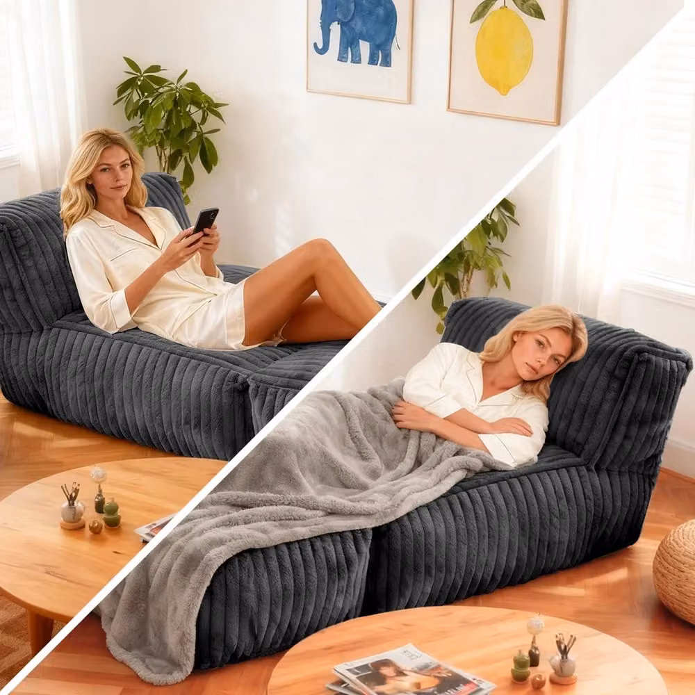 Divano Letto Modulare Chaise Longue Minimal in Velluto Grigio con Funzione Notte e Coperture Rimovibili – 2