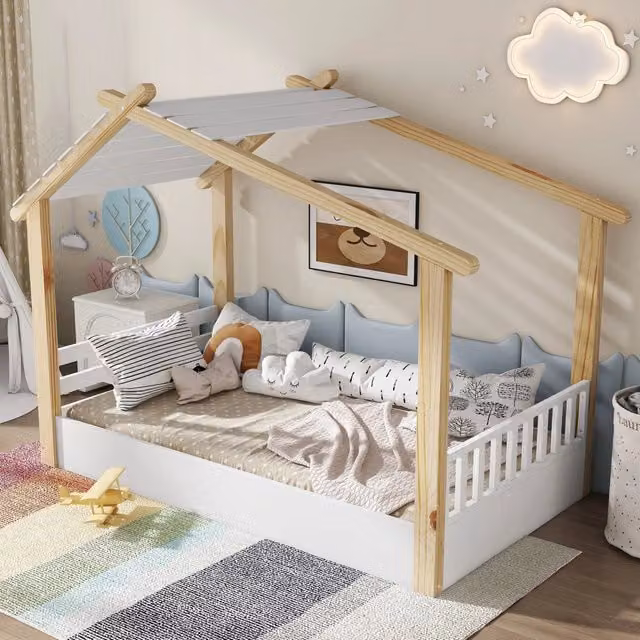 Letto per bambini singolo 90 × 200 cm a casetta, rete inclusa, senza materasso, legno massiccio e MDF bianco naturale