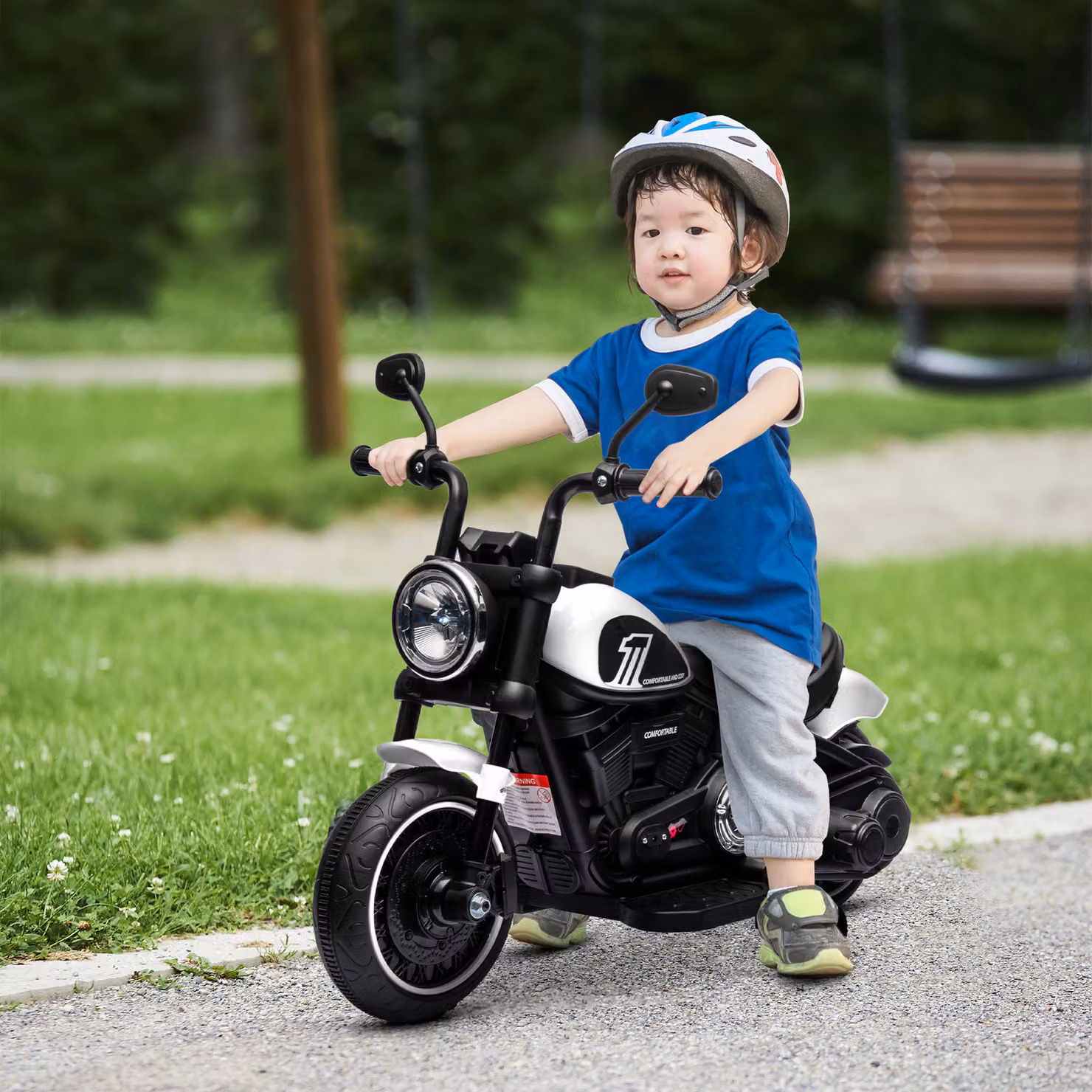 Moto Elettrica HOMCOM per Bambini 18-36 Mesi con Rotelle e Fanale, Bianco e Nero, L: 76 cm, P: 42 cm, H: 57 cm – 2