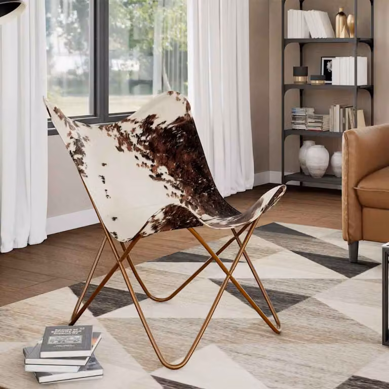 Sedia a Farfalla vidaXL in Vera Pelle di Vacchetta Marrone e Bianca con Struttura in Metallo in Stile Mid-Century L: 74 cm, P: 66 cm, H: 90 cm