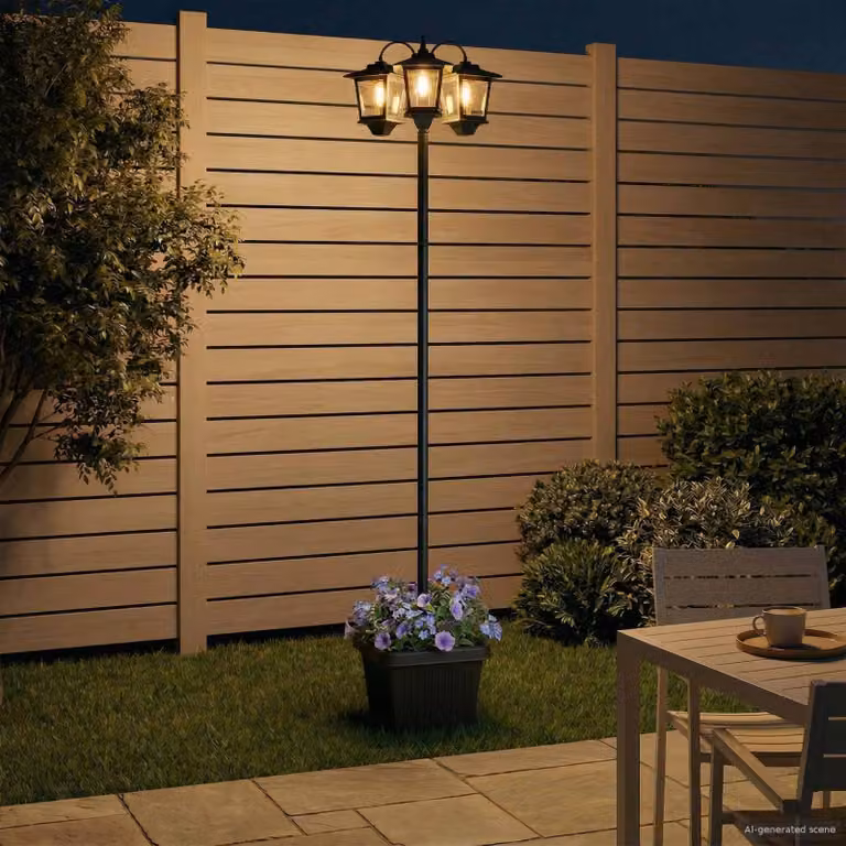 Lampione da giardino con 3 vasi e LED vidaXL, Nero, L/P/H: 32 x 32 x 188 cm