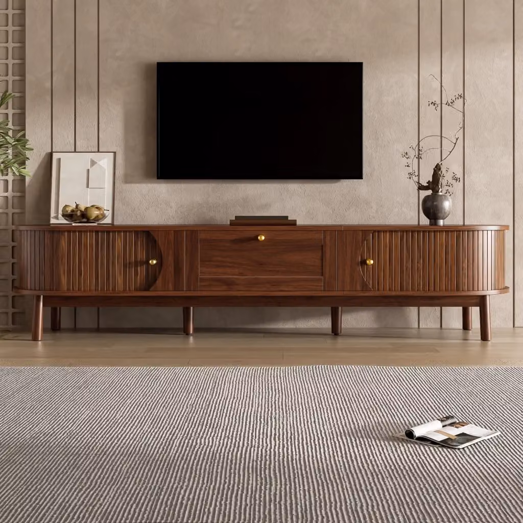 Mobile TV Minimal in legno massello e MDF marrone con cassetto per soggiorno e camera da letto L: 170 cm, H: 39,5 cm, P: 38 cm – 2