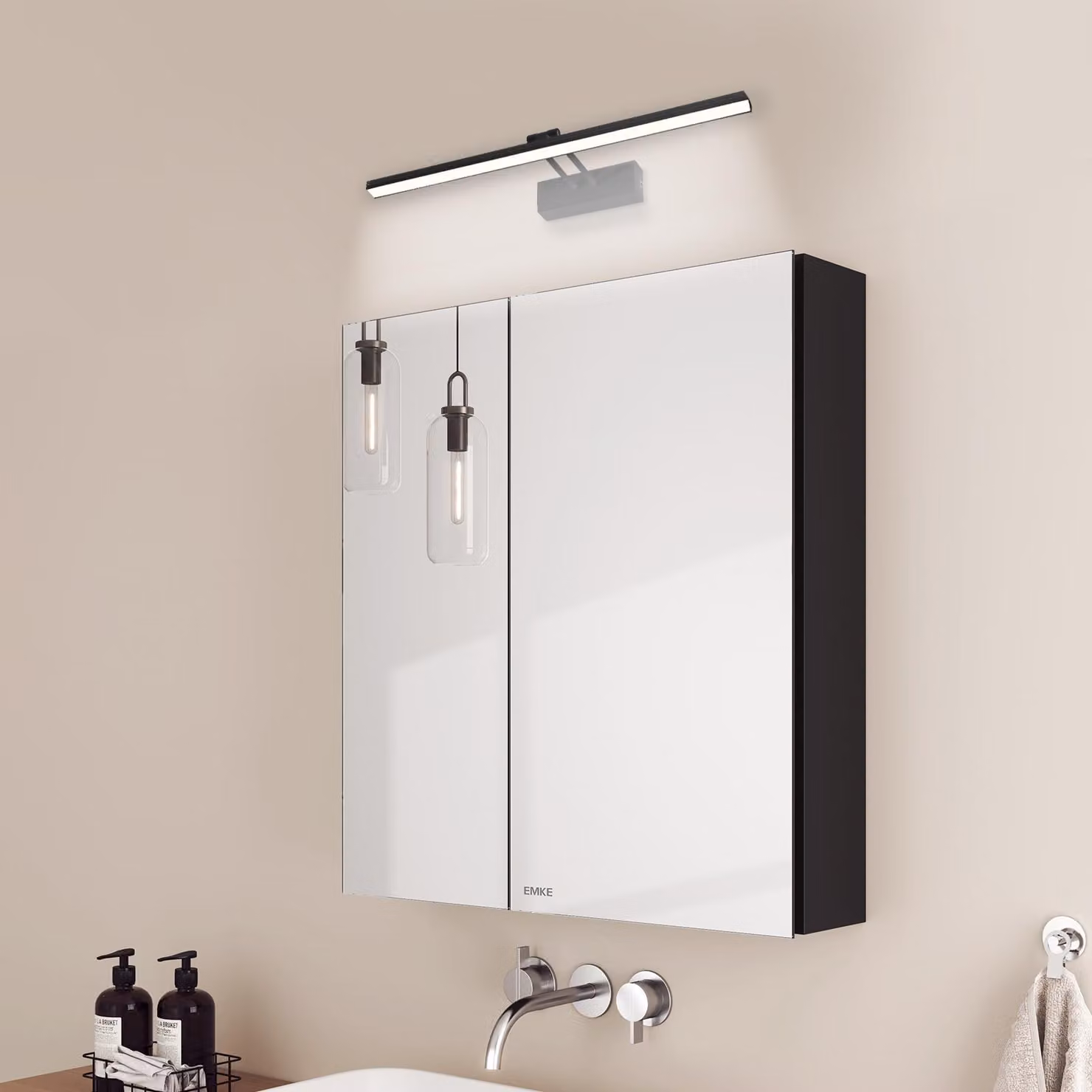 EMKE armadietto a specchio e lampade a specchio, 60x65x14,5 cm 2 ripiani in vetro Armadietto a specchio nero per bagno e applique nere Luce bianca fredda 6500k