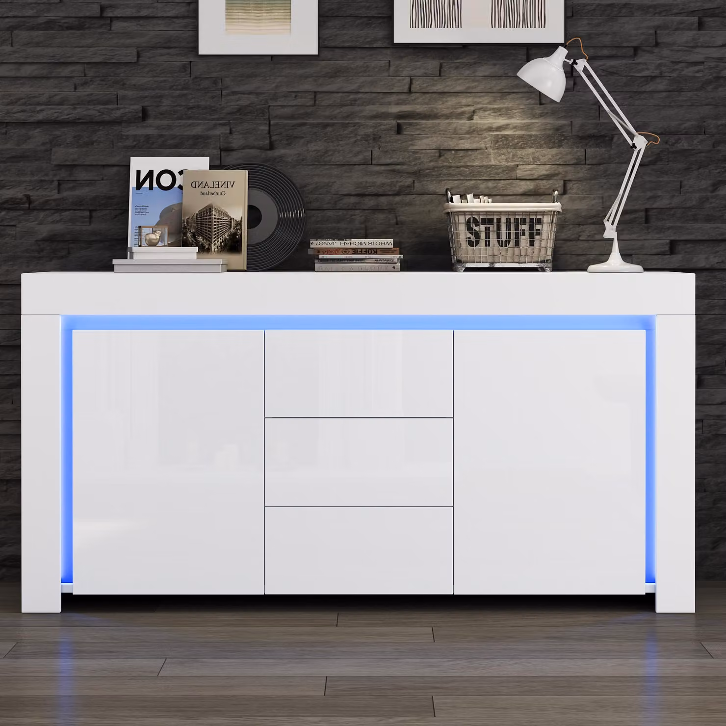 Armadio da soggiorno Sweiko 140x40x65cm,Cassettiera moderna con 3 cassetti, 2 ante, larghezza 140 cm, mobile laterale lucido con striscia luminosa a LED, credenza con spazio di archiviazione, adatto a corridoi, soggiorni, uffici, bianco