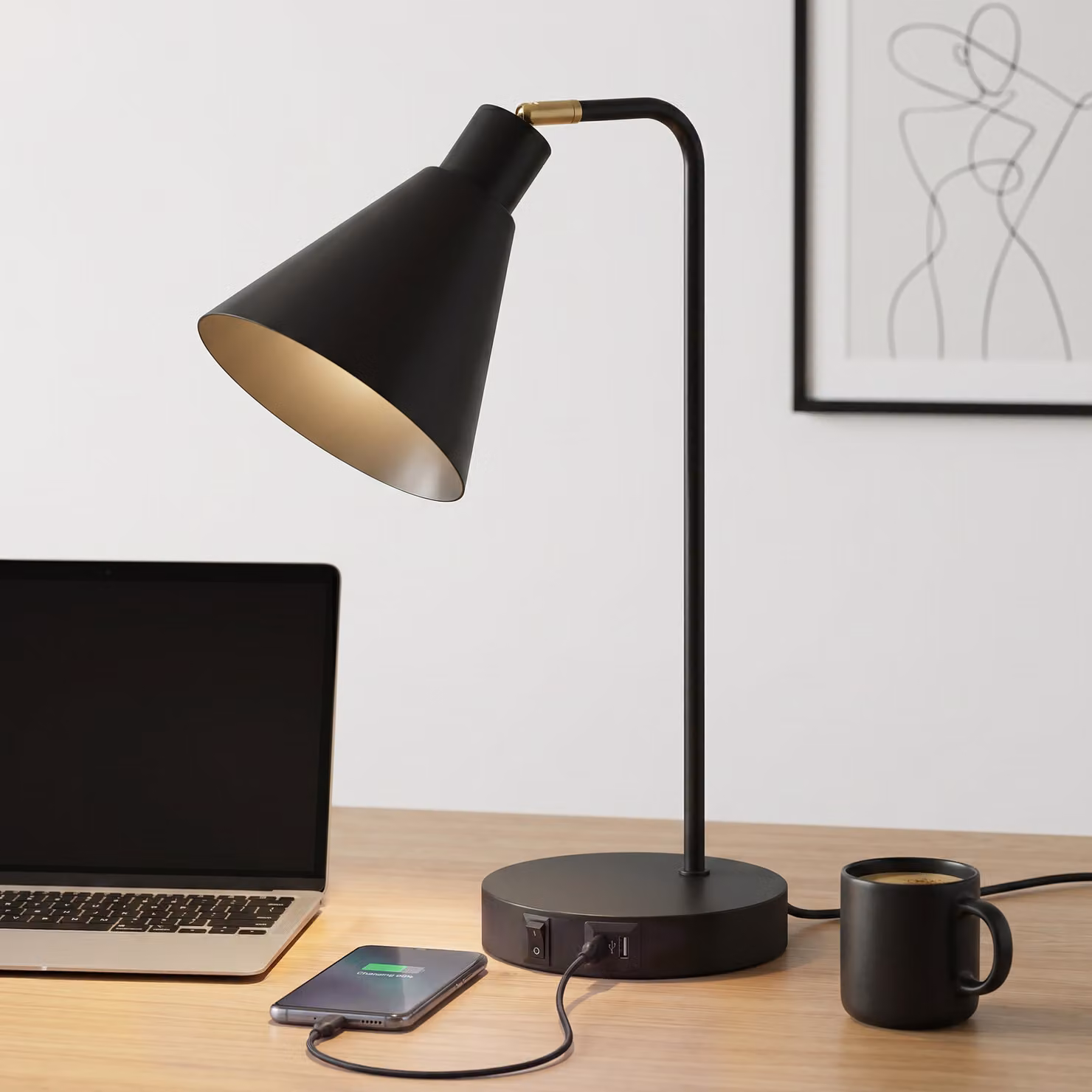 Set di 2 Lampade da Tavolo Moderne HOMCOM in Acciaio con Porte USB, Attacco E27, Colore Nero – 2