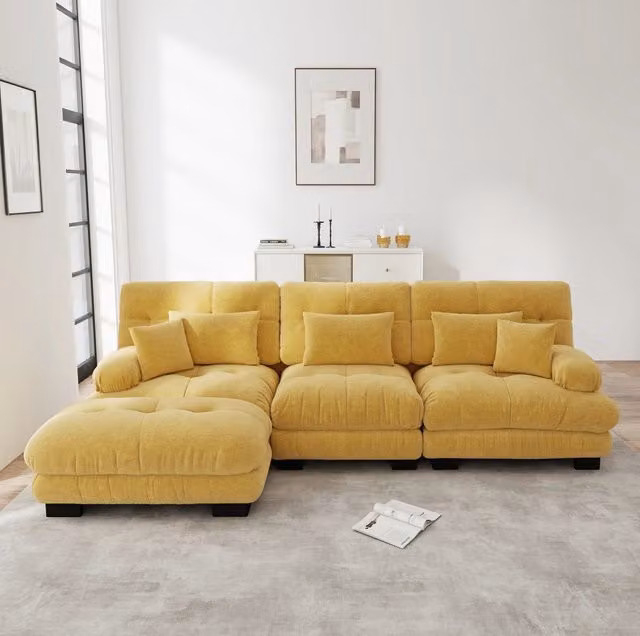 Divano modulare in ciniglia con ottomane mobili; 313 x 145 x 81 cm; giallo