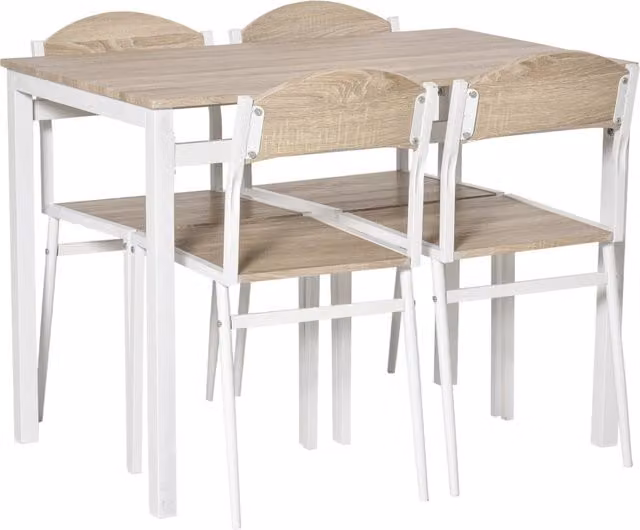 Set da pranzo composto da 5 pezzi in MDF effetto legno e metallo nei colori grigio e bianco, con 1 tavolo e 4 sedie per una sala da pranzo moderna.