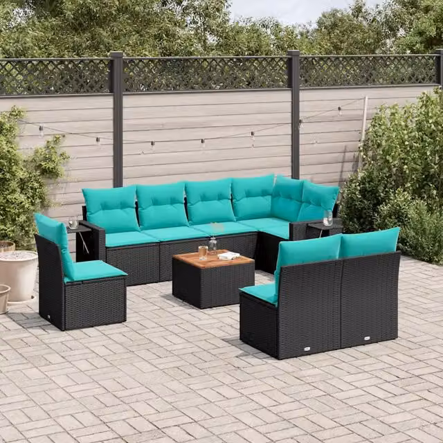 Set Divani da Giardino 9 pz con Cuscini Nero in Polyrattan 3224601
