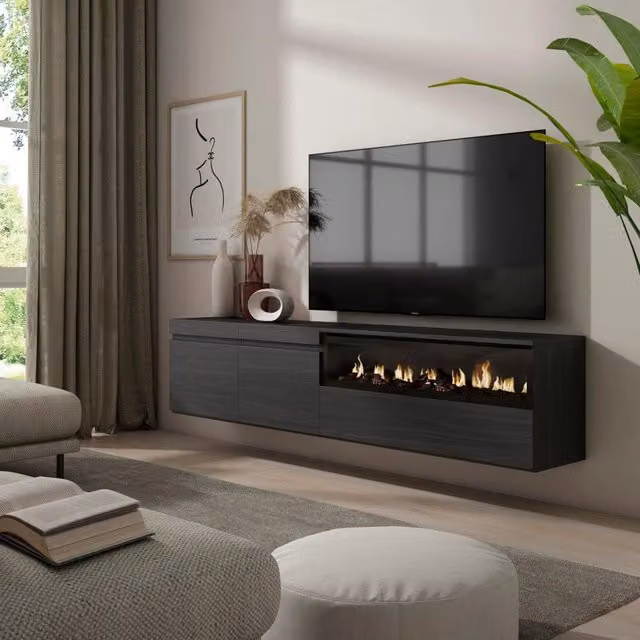 Mobile TV, 200x35x45cm, soggiorno, Per TV fino a 80", Camino elettrico, da appendere, Nero RF2195