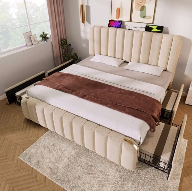Letto imbottito 180x200 cm con 4 cassetti, USB e USB-C, in lino beige