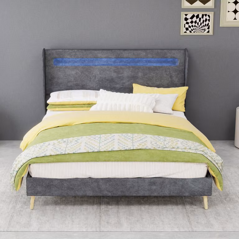 Letto imbottito 90x200 cm, color beige, in cotone, con spazio contenitore a sollevamento idraulico, illuminazione LED e porta USB di tipo C integrata nella testiera, ideale per la camera da letto