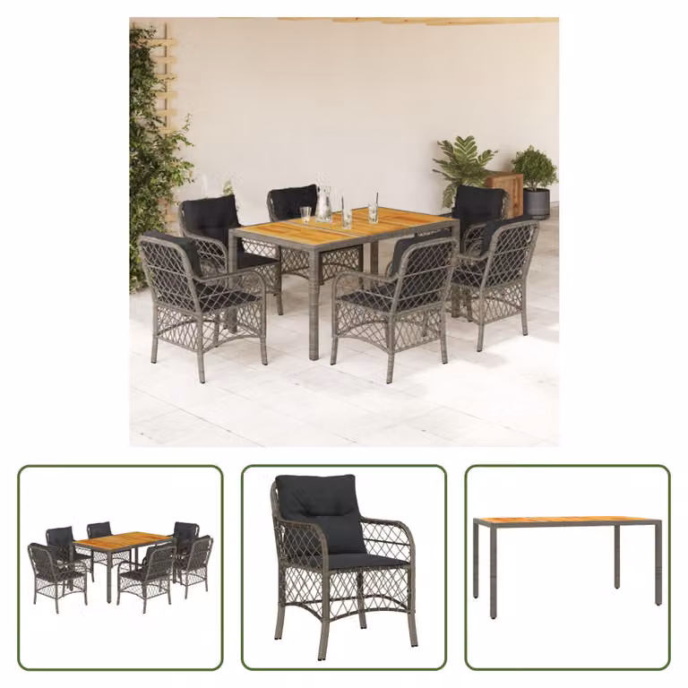 The Living Store Set da pranzo da giardino 7 pezzi con cuscini in poly rattan grigio