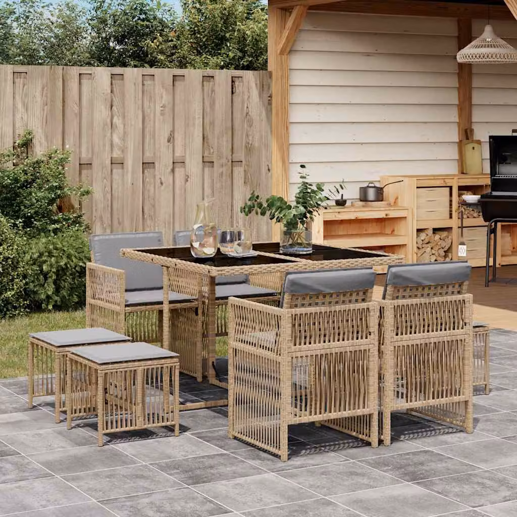 Set Pranzo da Giardino vidaXL in Polyrattan con Cuscini Beige Misto e Tavolo in Vetro, 9 Pezzi – 1