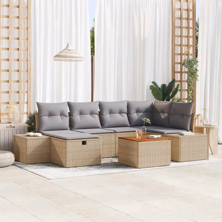 Set Divano da Giardino vidaXL a Forma di L in Polyrattan Beige con Cuscini e Tavolino da 7 Pezzi