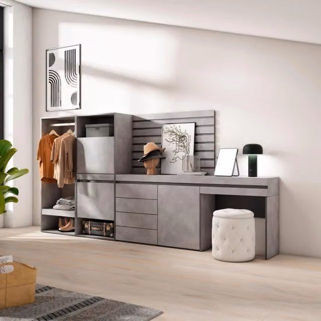 Armadio Aperto e Scarpiera Skraut Home con Cassettiera e Pannelli Decorativi, Grigio Cemento e Nero, L/P/H: 297 x 35 x 145 cm