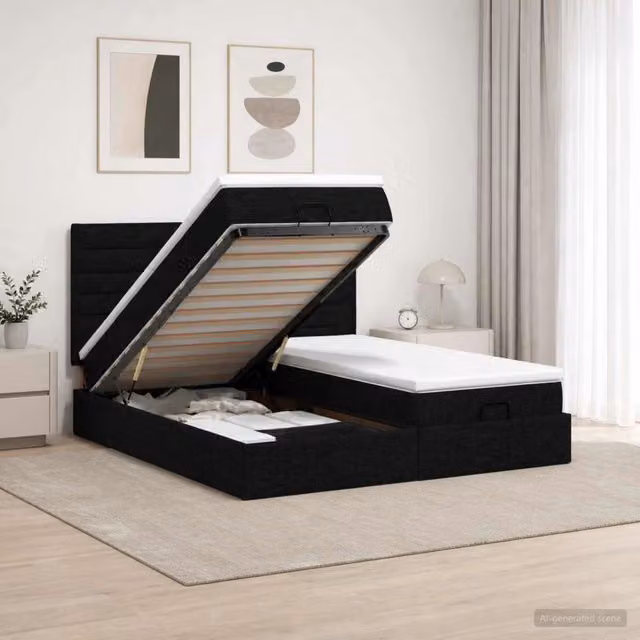 Letto Ottomano con Materasso Ibrido vidaXL, Colore Nero e Bianco, con Illuminazione Sotto il Letto e Porte di Ricarica USB, L/P: 180 x 200 cm – 1