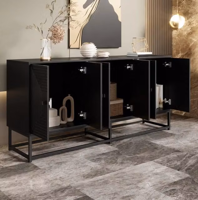 Credenza contenitore con 3 ante doppie; 160x38x75;5 cm; truciolare; nero