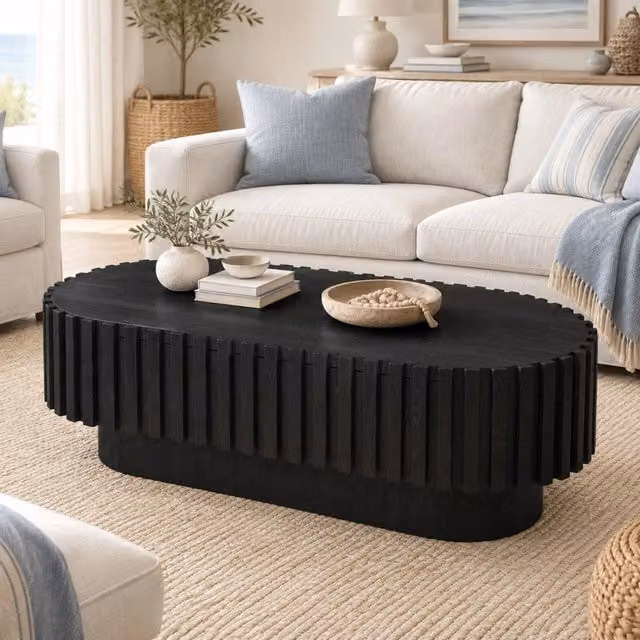Desviae Tavolino basso ovale con cassetto in MDF nero e decoro a lamelle verticali per soggiorno 100 × 50 × 35,5 cm