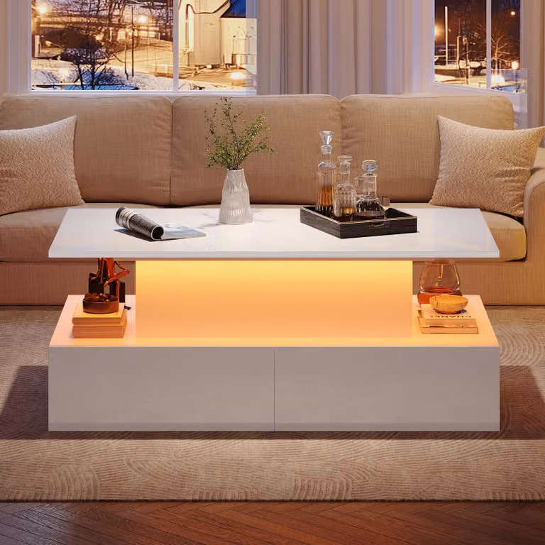 Tavolino da divano, dimensioni 90x55x41 cm, realizzato in pannelli di particelle di legno al 100%, colore bianco, con illuminazione a LED, 4 cassetti e piano estendibile