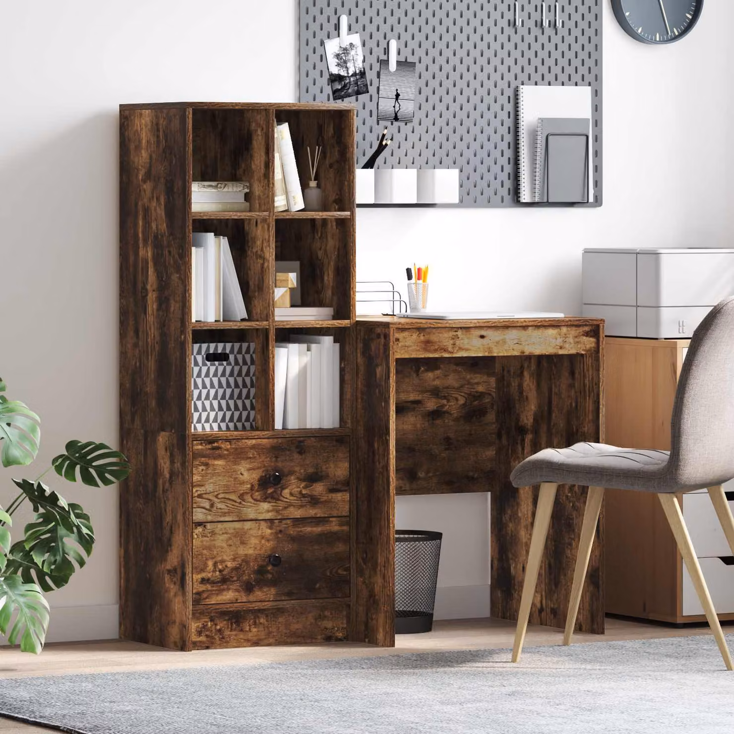 Set di 2 Scrivanie moderne vidaXL in MDF laminato color rovere fumé, L: 105,5 cm, P: 50 cm, H: 127 cm