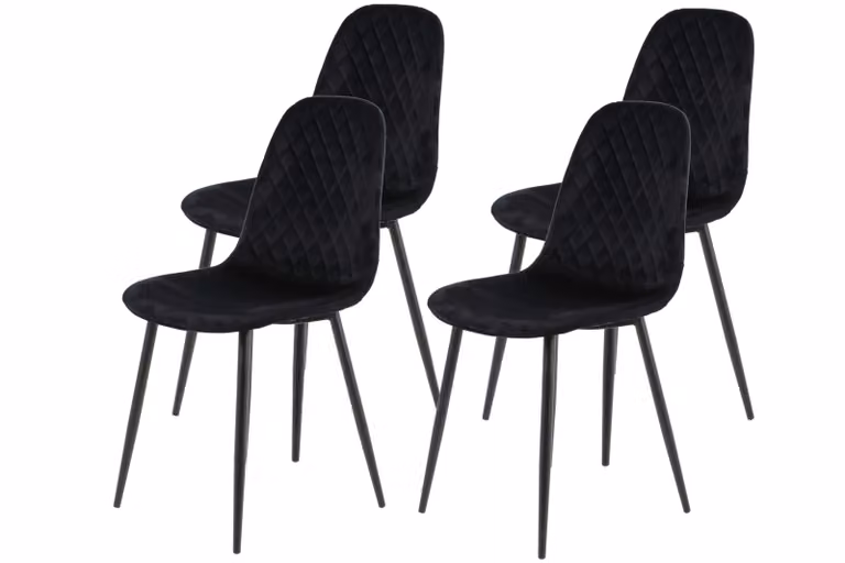 Tavoli Hela, set di 4 sedie a quattro gambe Mira - scocca in velluto nero - struttura in metallo nero - trapuntatura a rombi - portata 100kg
