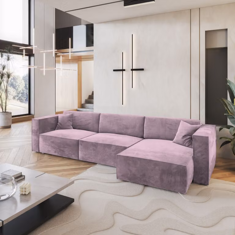 Divano angolare TOLMO M di Masseno con funzione letto a L, divano con box letto, divano da salotto, divano, divano letto, set di divani - viola, MONOLITH 62