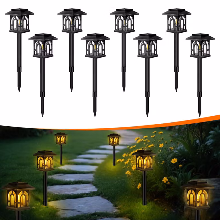 8 luci solari da giardino, LED, luce bianco caldo, grado di protezione IP65, accensione e spegnimento automatici