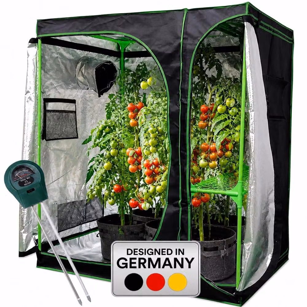 Serra Mucola incl. misuratore di umidità 3 in 1 per piante Tenda per piante da interno Growbox Tenda per piante da interno Camera oscura Telaio freddo Nero Verde - 120x120x200cm