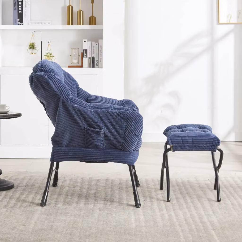 Poltrona relax reclinabile OKWISH con poggiapiedi, rivestimento in velluto a coste blu e struttura in metallo – 2
