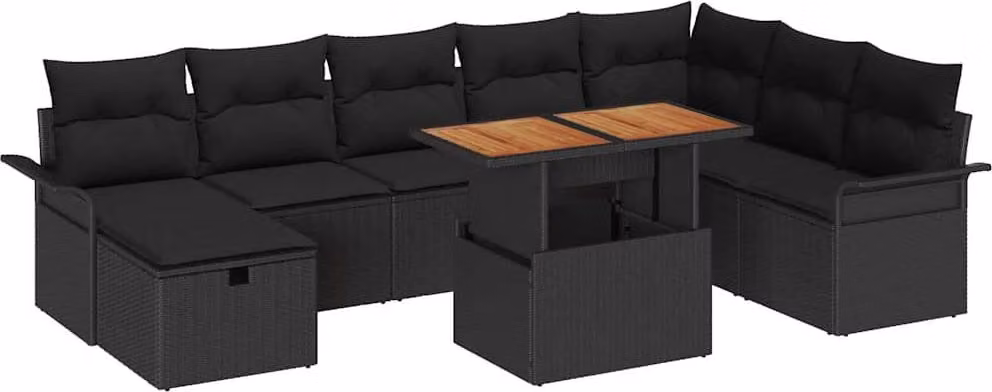 Set Divano da Giardino con cuscino 9 pcs Nero polyrattan