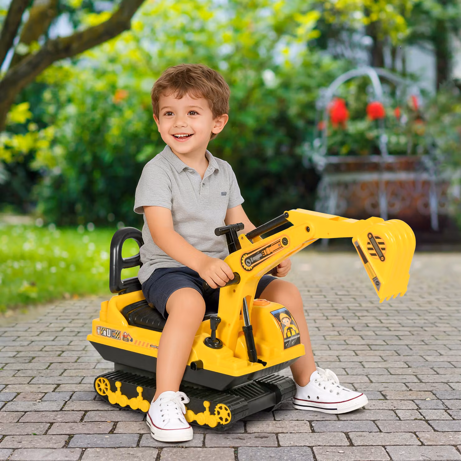 Escavatore Ruspa Giocattolo Cavalcabile HOMCOM per Bambini con Schienale, Braccio Mobile e Vano Contenitore, Giallo e Nero, L: 78 cm, P: 24 cm, H: 58,5 cm – 2
