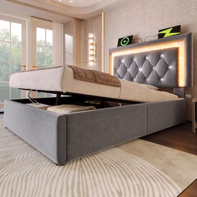 Letto singolo 90 × 200 cm con contenitore idraulico, LED, USB e Type-C, senza materasso, velluto grigio