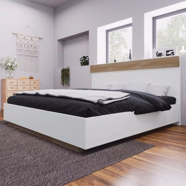 Letto matrimoniale 180x200 con testiera; rete a doghe ed effetto sospeso in legno bianco e rovere