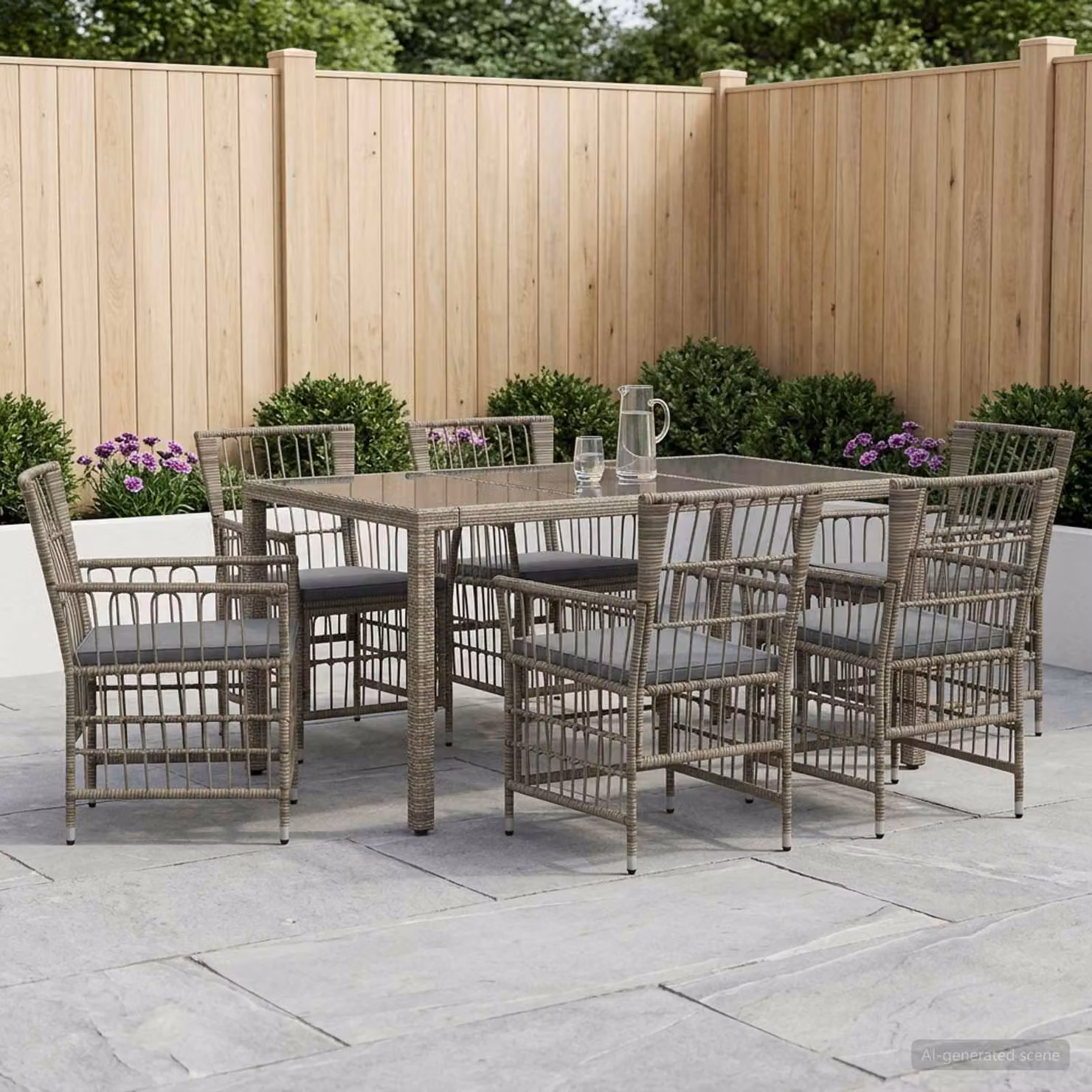Set da pranzo per esterni vidaXL in polyrattan e vetro, 7 pezzi, Grigio